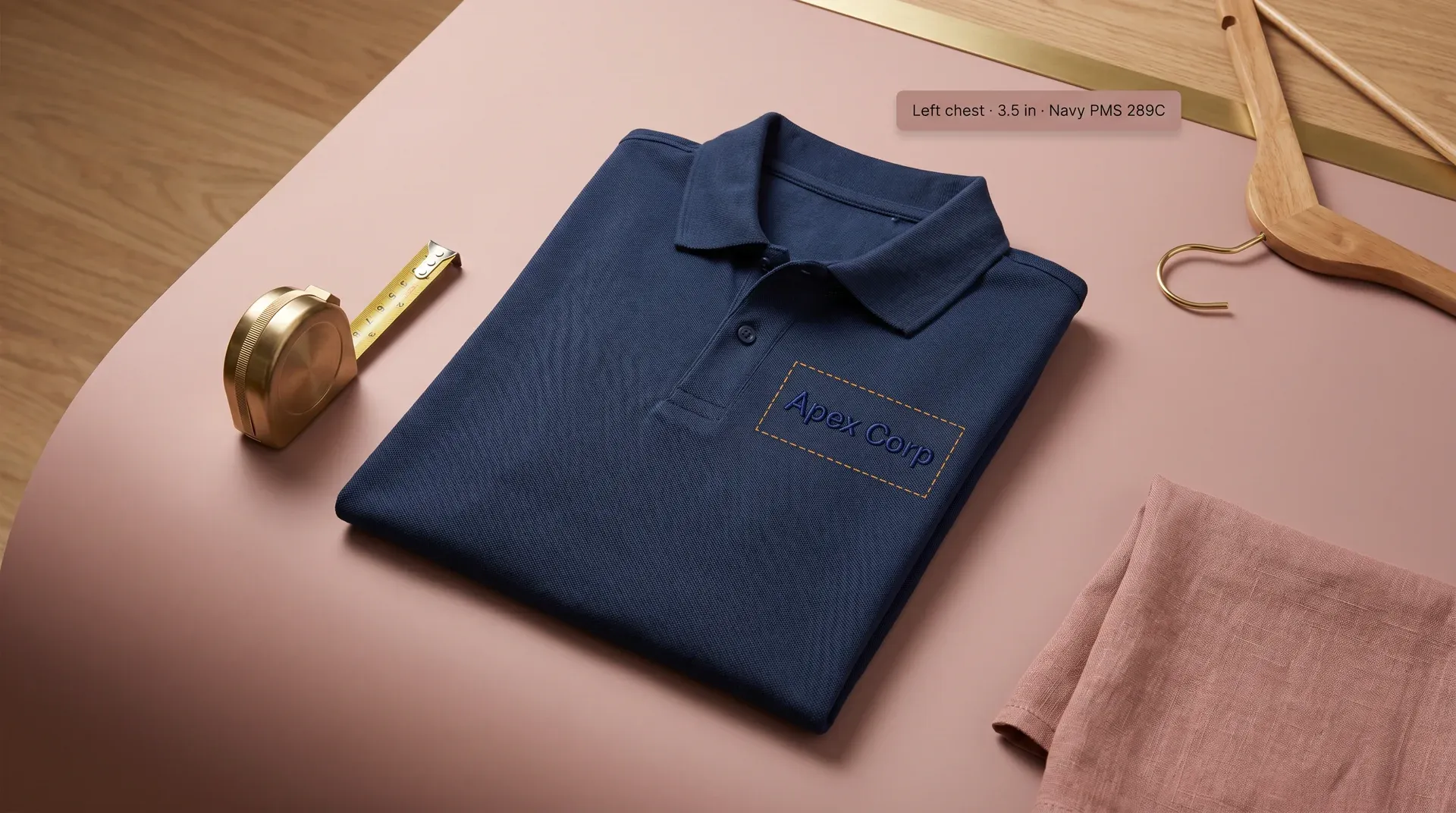 Branded polo shirt proof with logo placement overlay for buyer review Branded polo shirt proof with logo placement overlay for buyer review