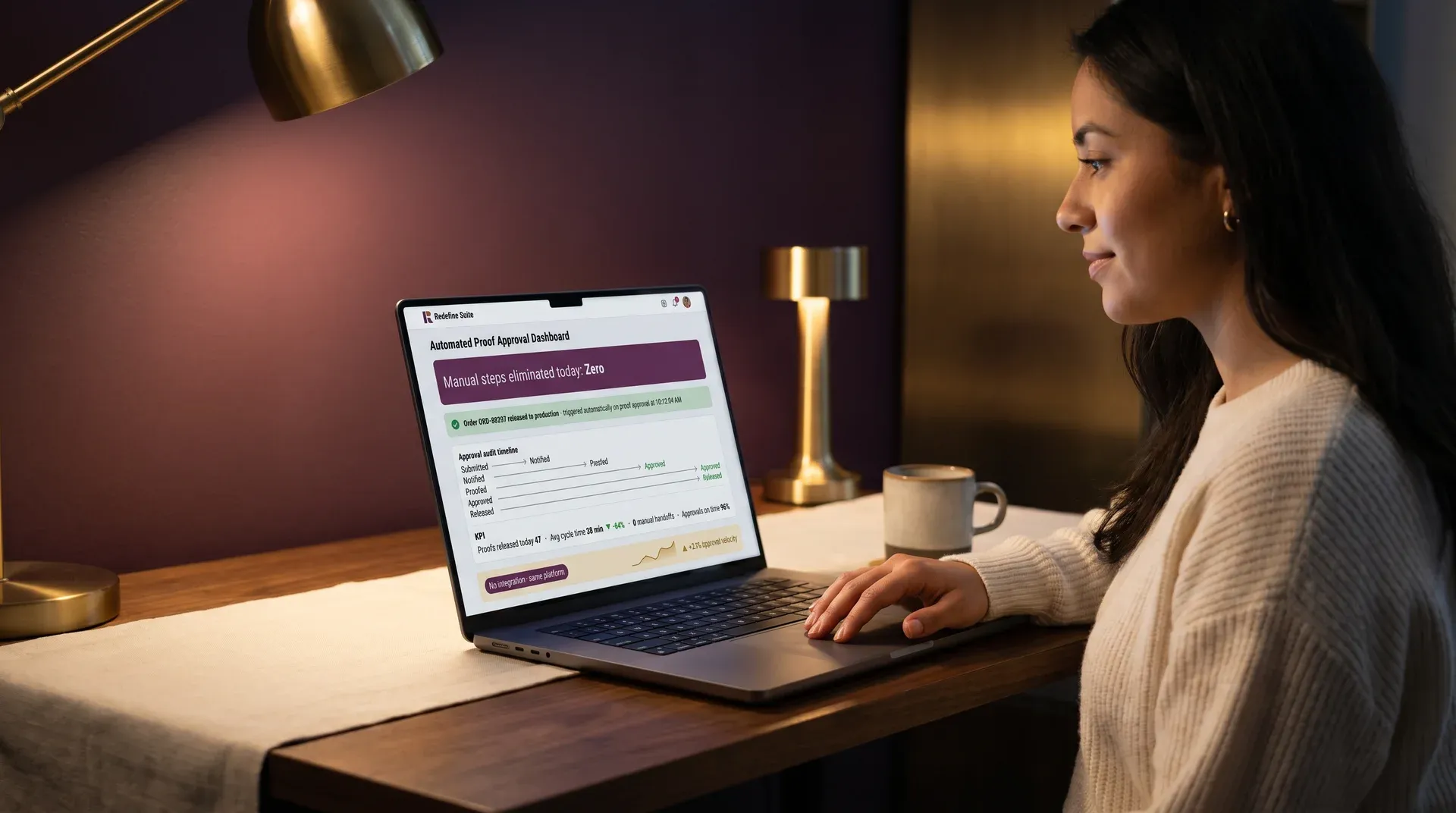 Store operator reviewing automated proof approval dashboard showing zero pending manual steps Store operator reviewing automated proof approval dashboard showing zero pending manual steps