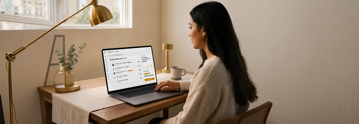 Operations manager configuring a product kit on a branded merchandise platform with live inventory data Operations manager configuring a product kit on a branded merchandise platform with live inventory data