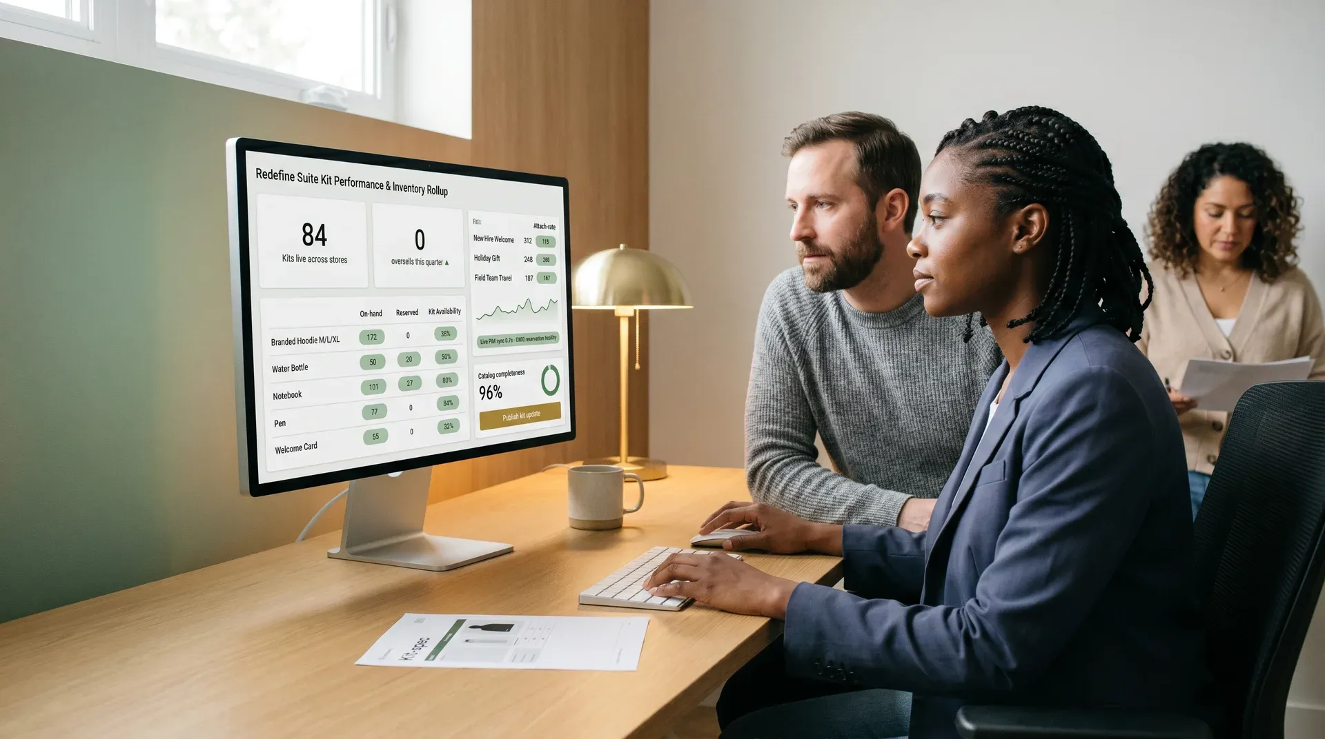 Calm operations team reviewing kit performance and inventory rollup on a unified Redefine Suite dashboard Calm operations team reviewing kit performance and inventory rollup on a unified Redefine Suite dashboard