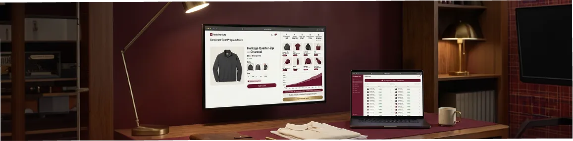 Corporate Gear branded merchandise program store running on headless ecommerce platform, wide editorial image