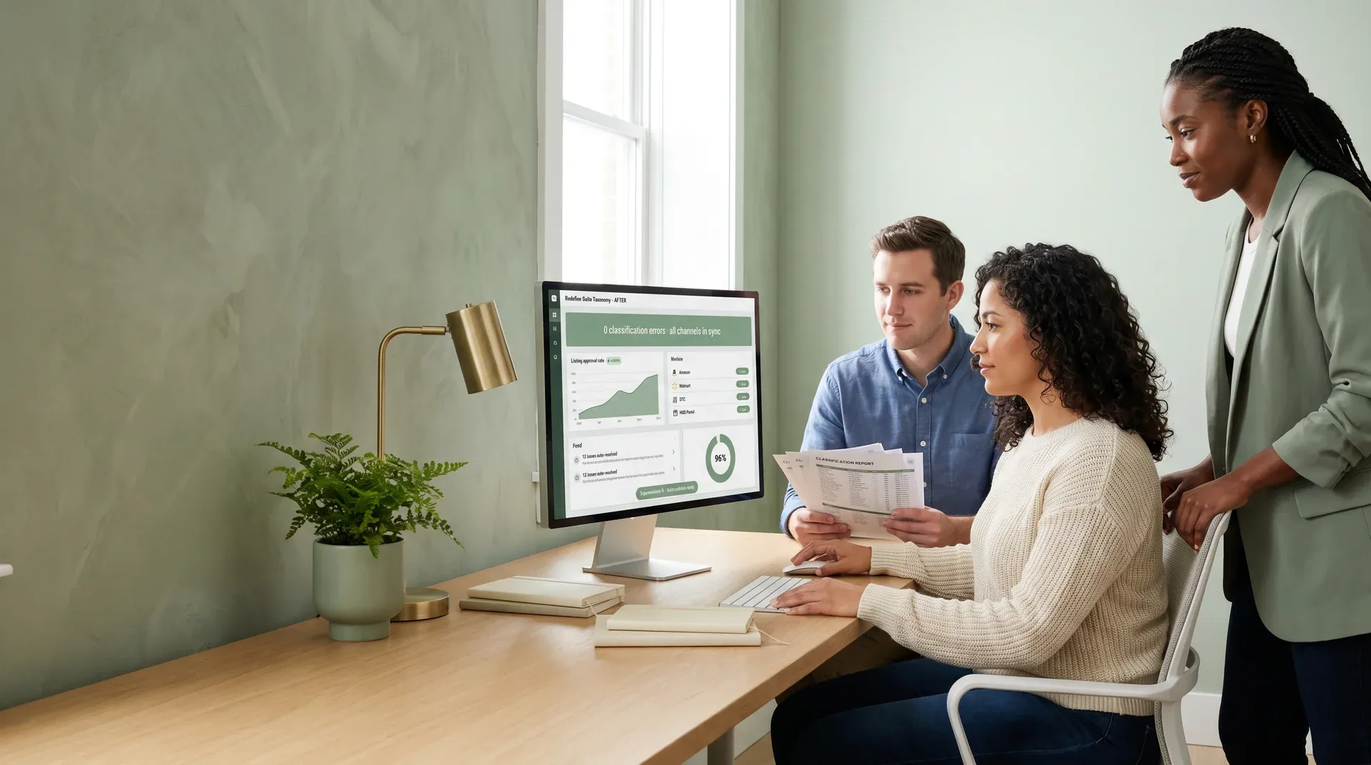 Ecommerce operations team calmly reviewing taxonomy dashboard showing zero classification errors and all channels in sync Ecommerce operations team calmly reviewing taxonomy dashboard showing zero classification errors and all channels in sync