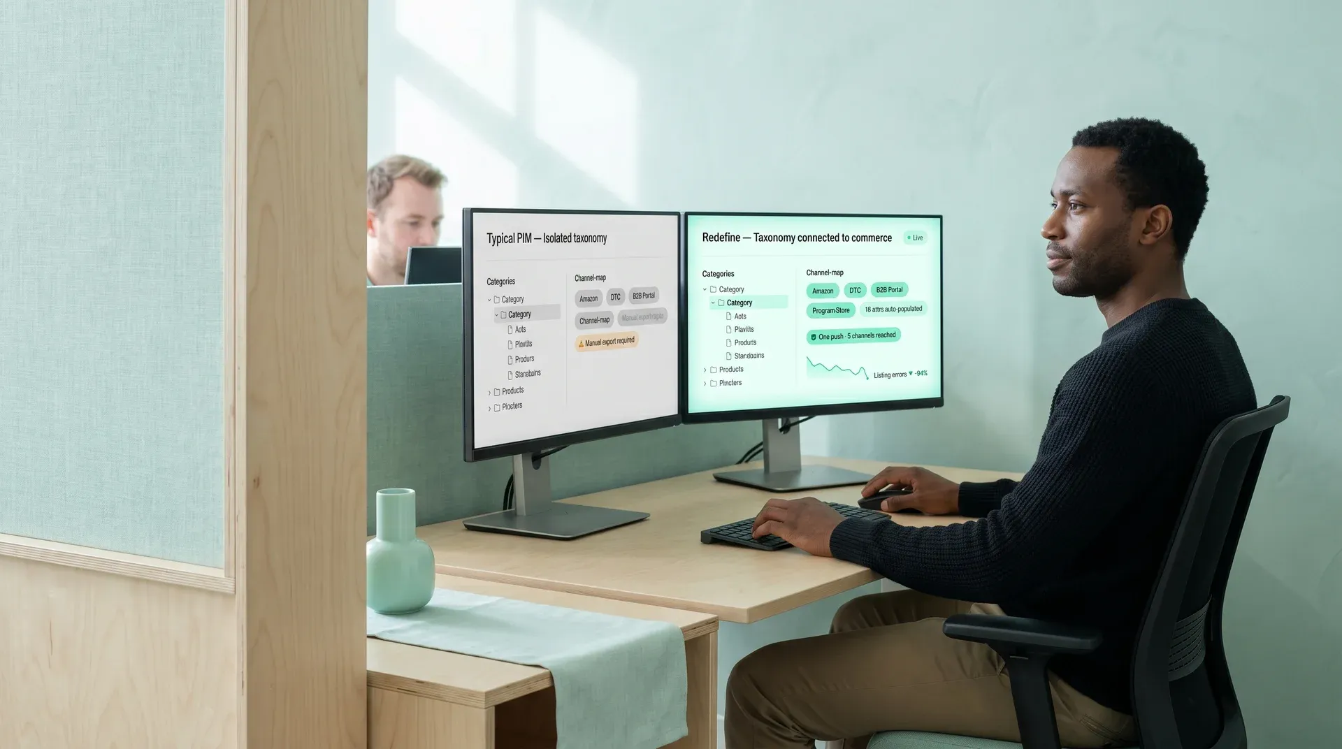 Product data analyst comparing taxonomy classification outputs showing channel-connected taxonomy versus isolated taxonomy Product data analyst comparing taxonomy classification outputs showing channel-connected taxonomy versus isolated taxonomy