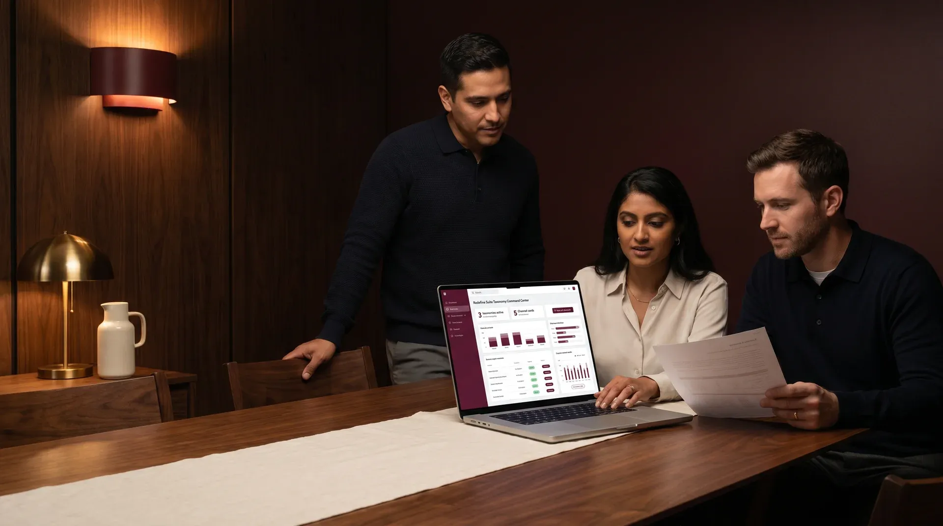 Commerce team reviewing taxonomy management dashboard with live channel status indicators Commerce team reviewing taxonomy management dashboard with live channel status indicators
