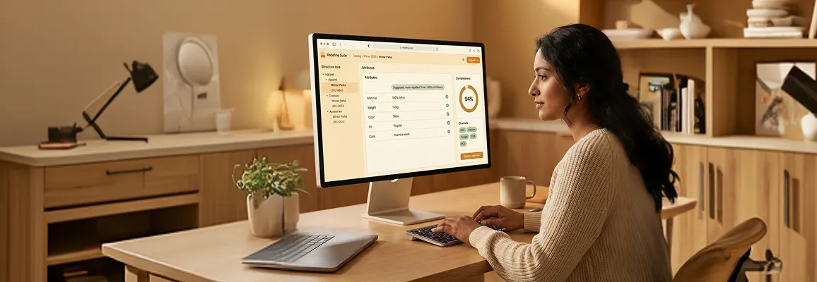 Catalog manager reviewing structured product records and completeness scores in Redefine Catalog manager reviewing structured product records and completeness scores in Redefine