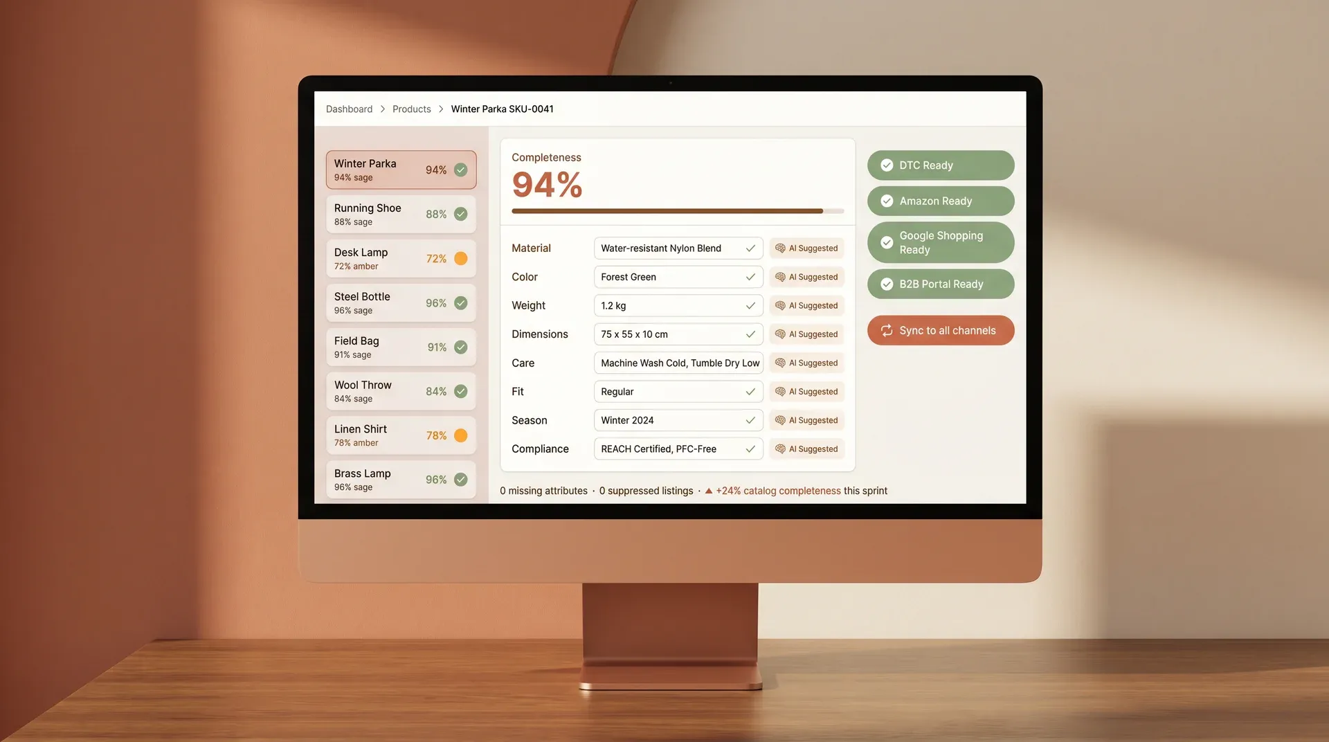 Redefine Suite product enrichment workspace with full attribute grid, completeness score, and all channels ready Redefine Suite product enrichment workspace with full attribute grid, completeness score, and all channels ready