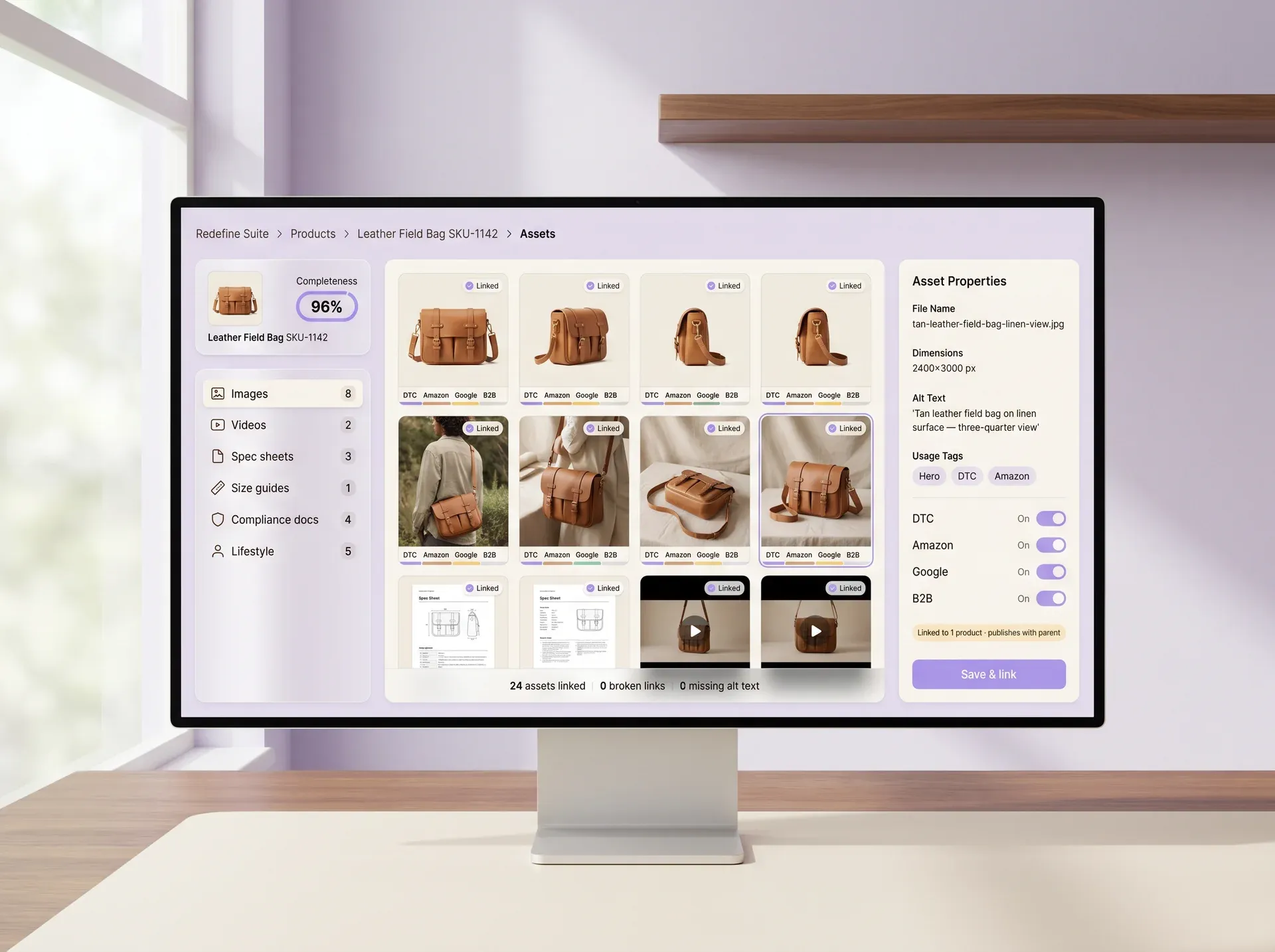 Digital asset manager panel showing product images videos and documents linked to stock-keeping unit records Digital asset manager panel showing product images videos and documents linked to stock-keeping unit records