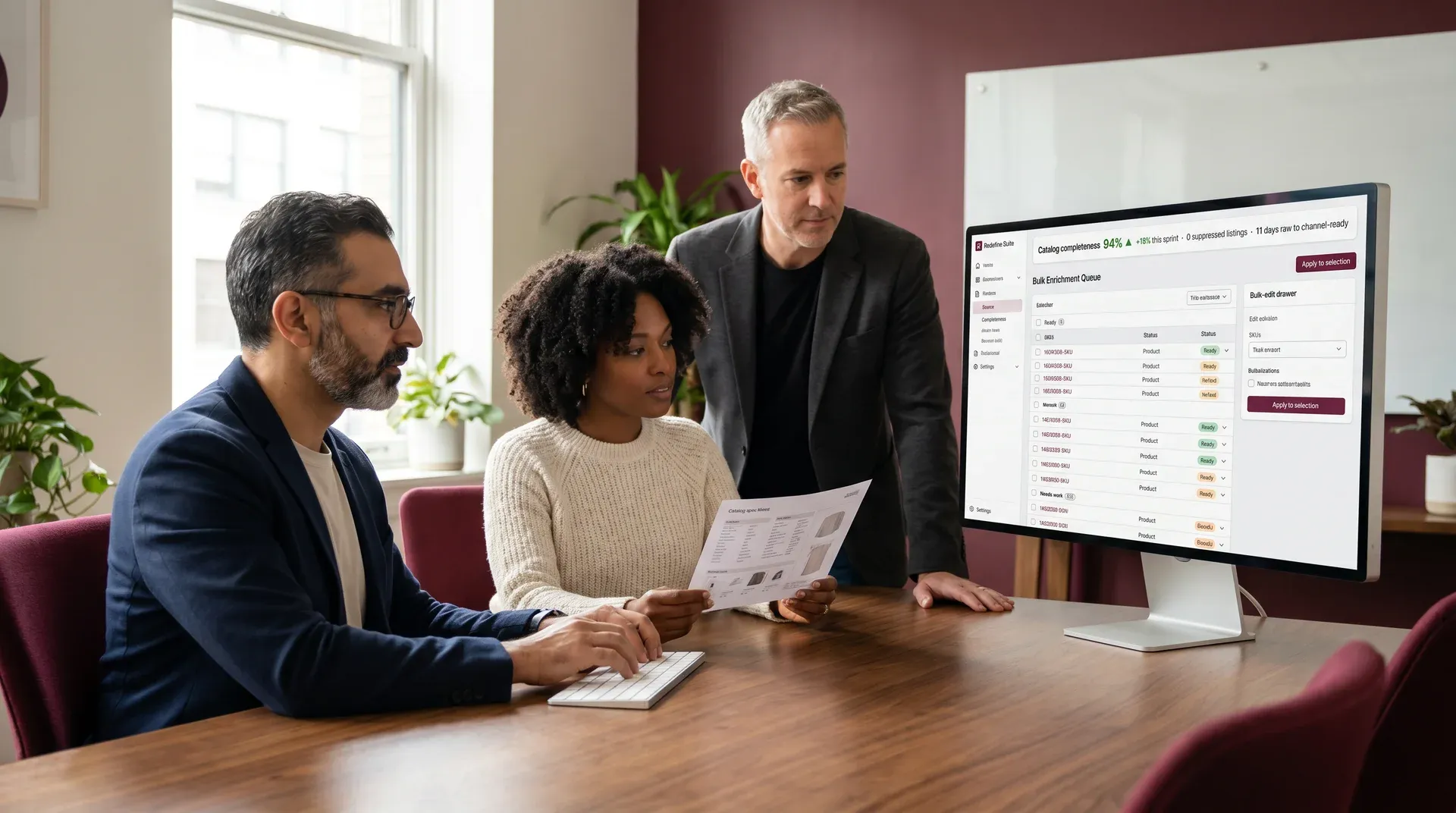 Business-to-business operations team reviewing live product catalog data in Redefine Business-to-business operations team reviewing live product catalog data in Redefine
