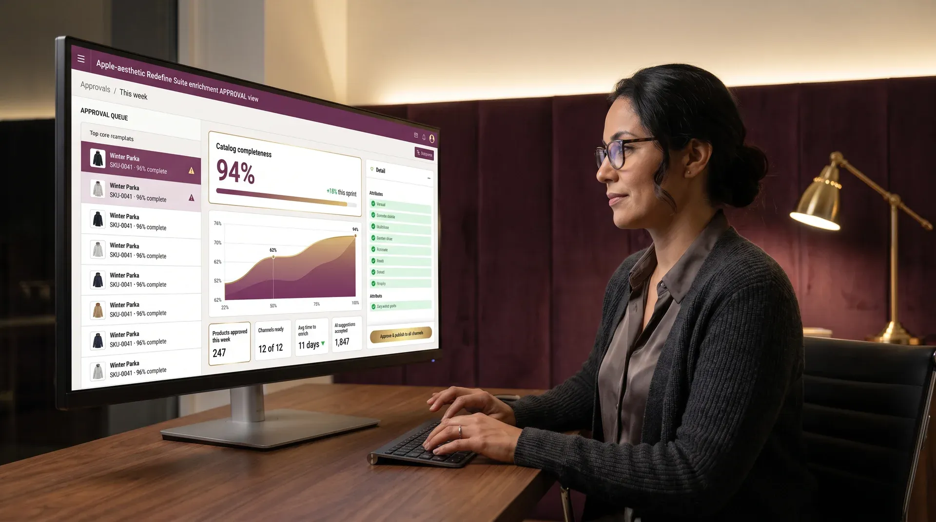 Product data analyst approving enrichment task on screen with catalog completeness dashboard Product data analyst approving enrichment task on screen with catalog completeness dashboard