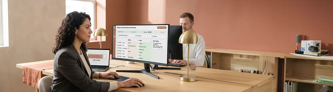 Merchandising manager actively running an automated bulk operation wizard on a clean ultrawide monitor Merchandising manager actively running an automated bulk operation wizard on a clean ultrawide monitor