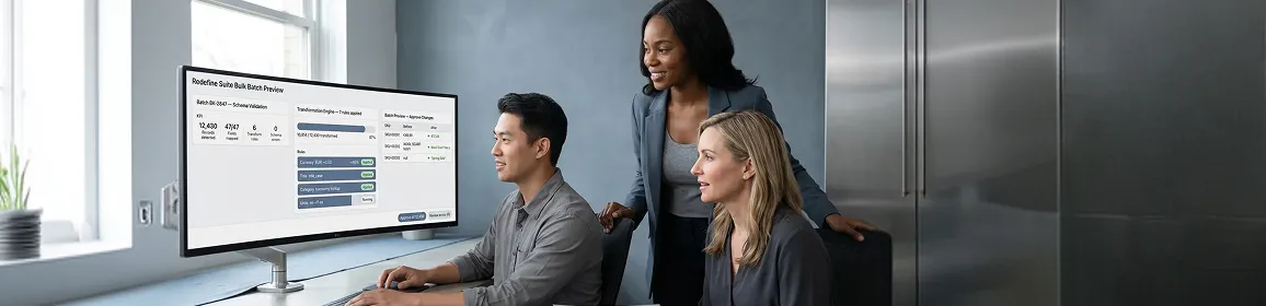 Data operations team collaborating over a product catalog batch preview, transformation rules and approval workflow Data operations team collaborating over a product catalog batch preview, transformation rules and approval workflow