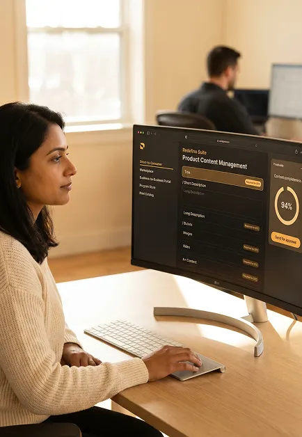 Product content manager reviewing multichannel catalog across direct-to-consumer, marketplace, and business-to-business portal screens Product content manager reviewing multichannel catalog across direct-to-consumer, marketplace, and business-to-business portal screens