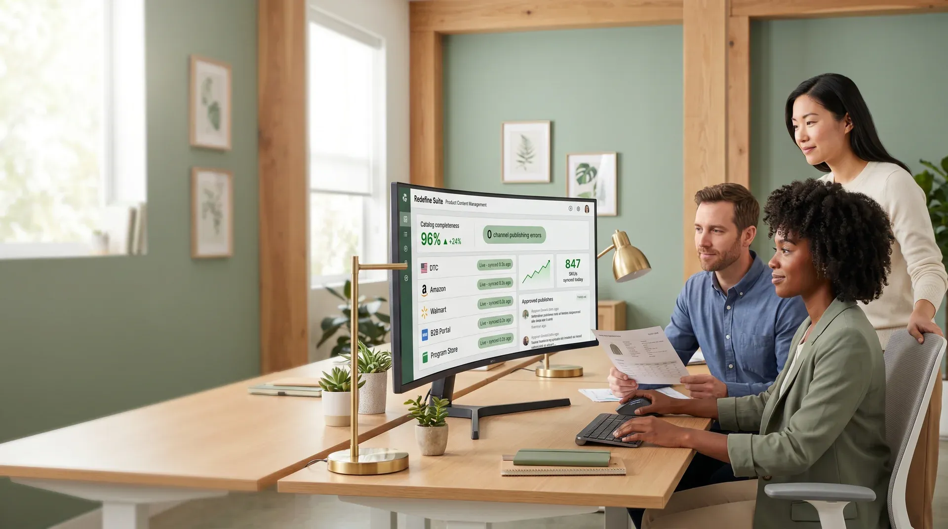 Commerce team reviewing unified product content management workspace showing catalog completeness and zero channel publishing errors Commerce team reviewing unified product content management workspace showing catalog completeness and zero channel publishing errors