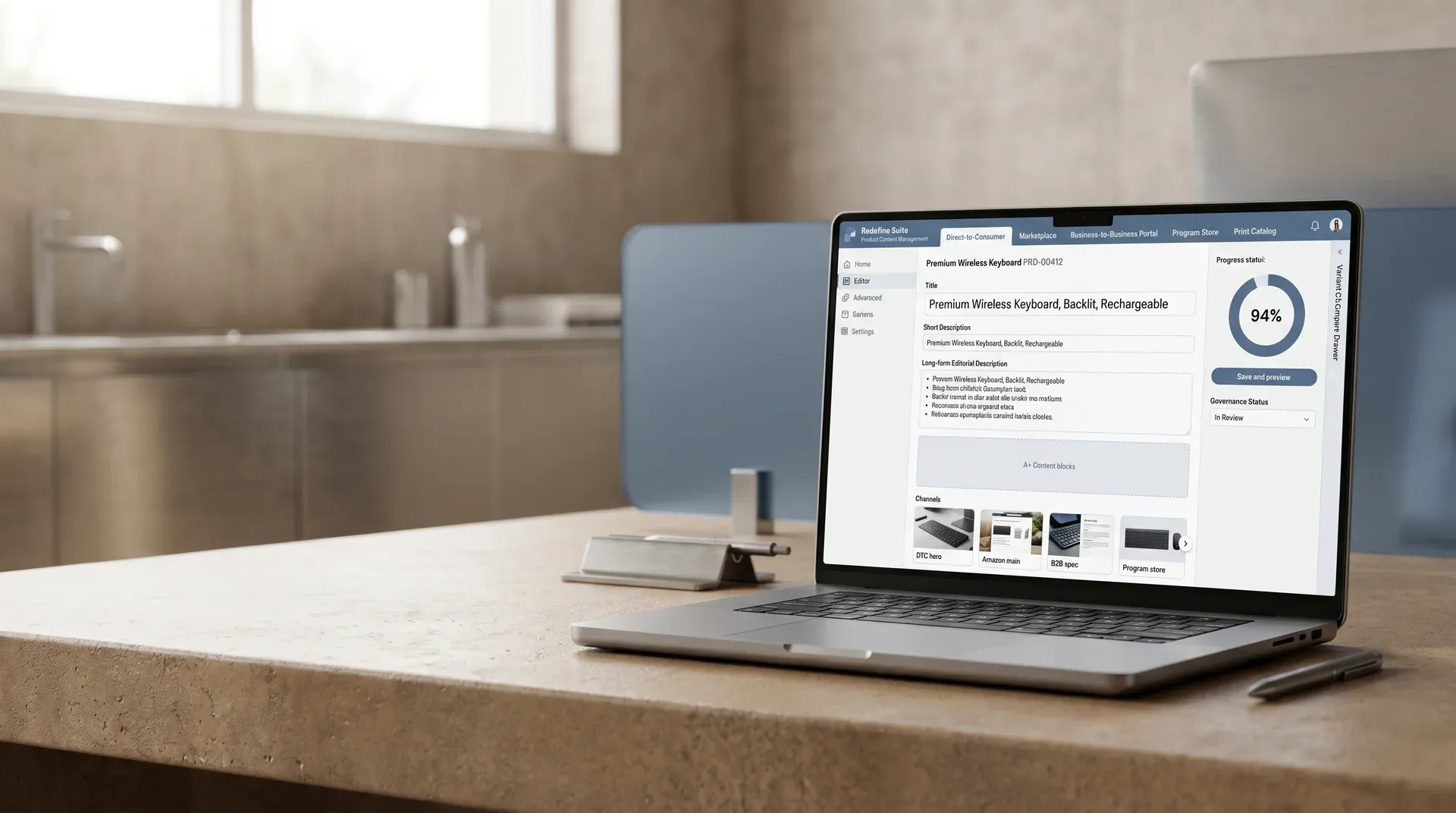 Product information management content editor showing channel variant tabs within a single product record Product information management content editor showing channel variant tabs within a single product record