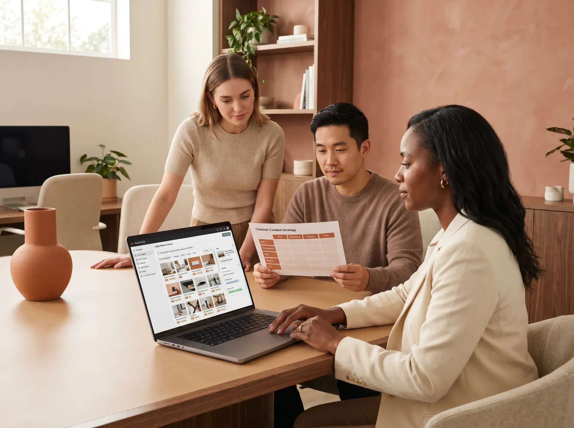 Multi-channel brand team collaborating on product content strategy reviewing media library tied to a product record with channel asset assignments Multi-channel brand team collaborating on product content strategy reviewing media library tied to a product record with channel asset assignments