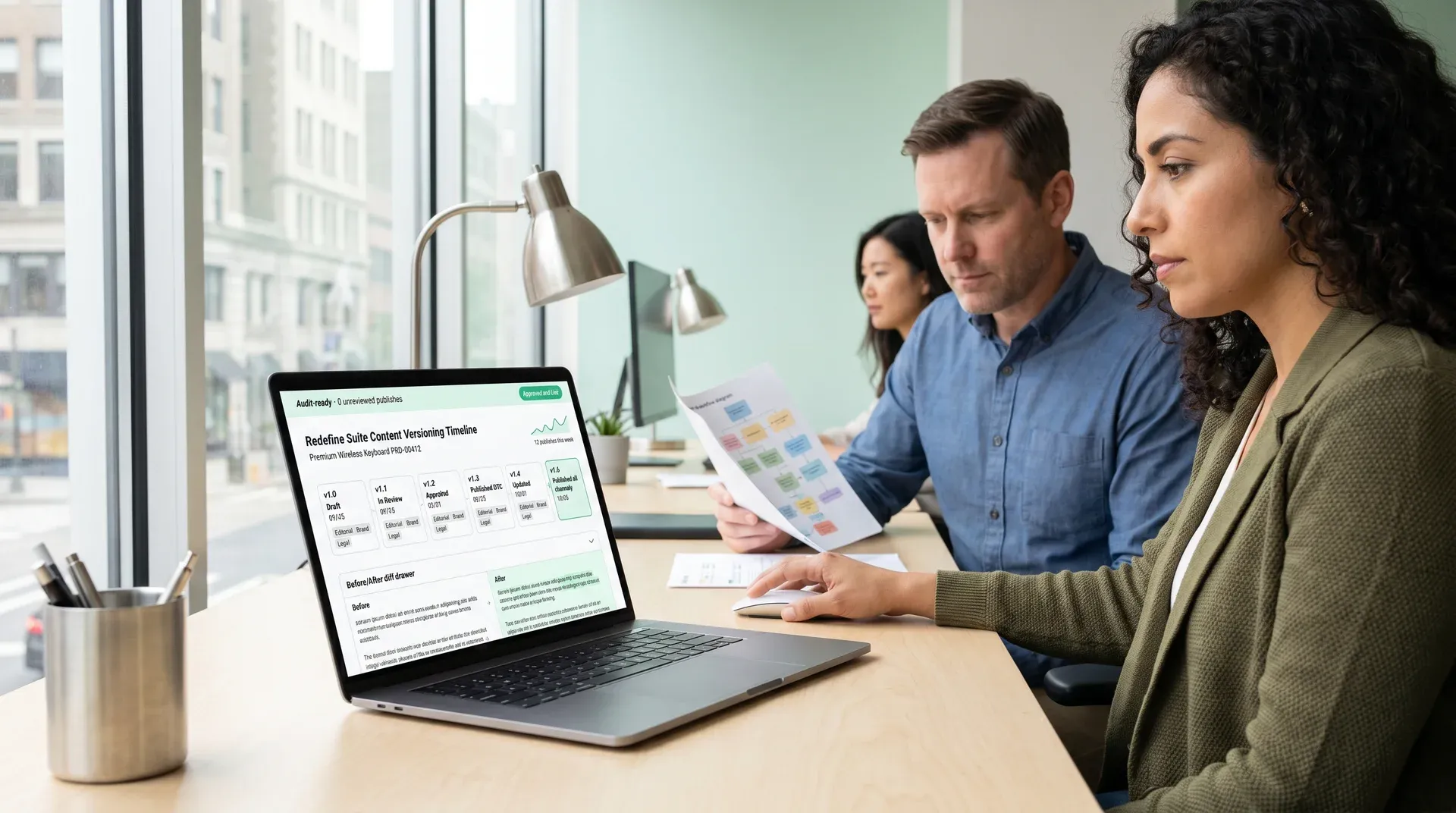 Content operations team reviewing product content versioning timeline at modern commerce office workspace Content operations team reviewing product content versioning timeline at modern commerce office workspace