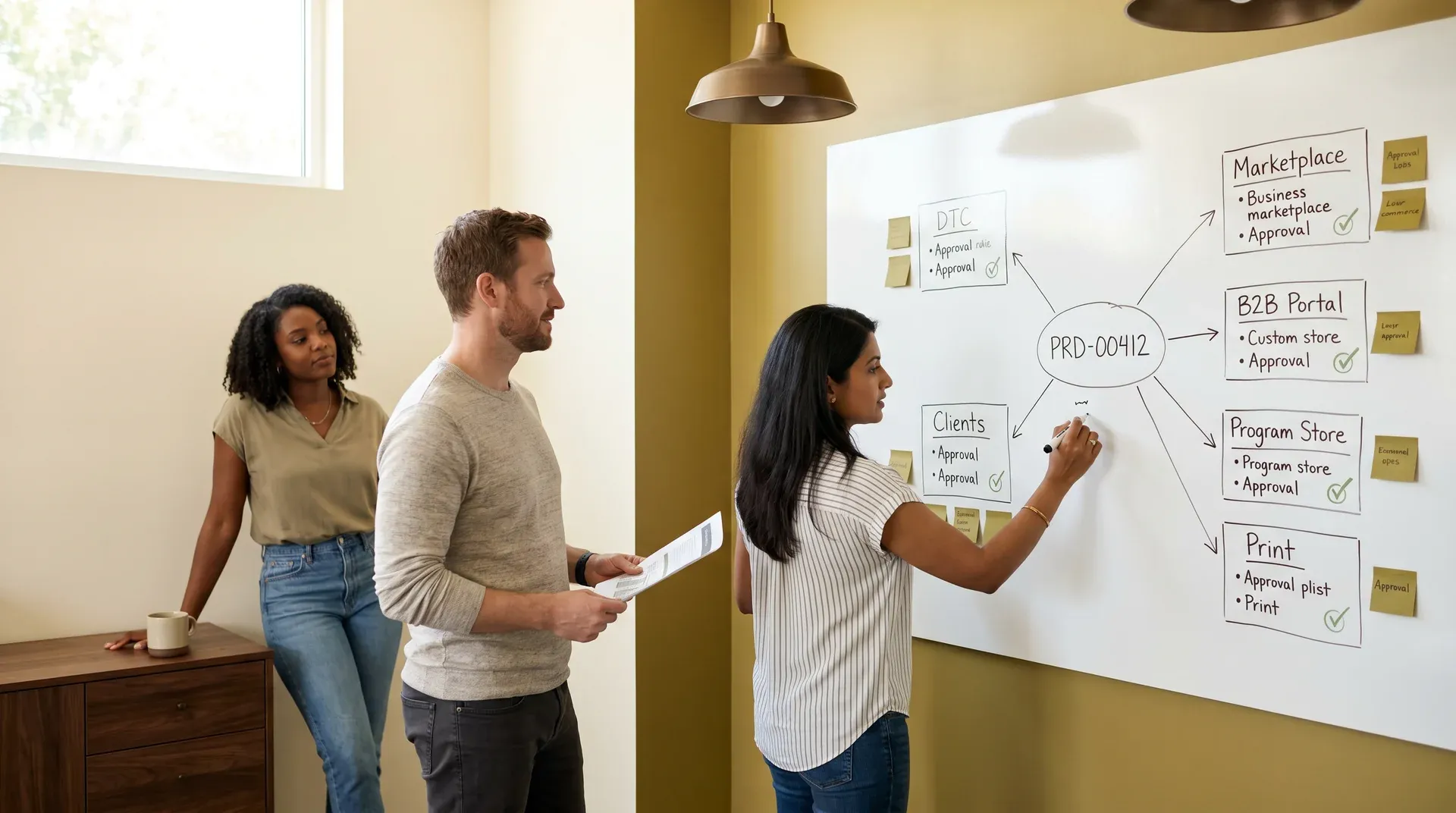 Commerce content team discussing product catalog and channel strategy at a planning whiteboard Commerce content team discussing product catalog and channel strategy at a planning whiteboard