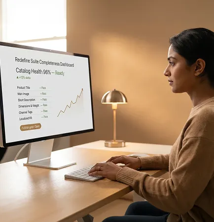 Ecommerce catalog manager reviewing product data completeness scores on dashboard
