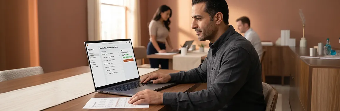 Operations manager reviewing validation rules library and resolved governance state, healthy catalog metrics