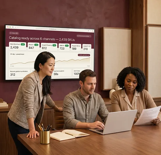 Data governance team reviewing a validated channel-ready product catalog on a wall display in a modern burgundy-toned office