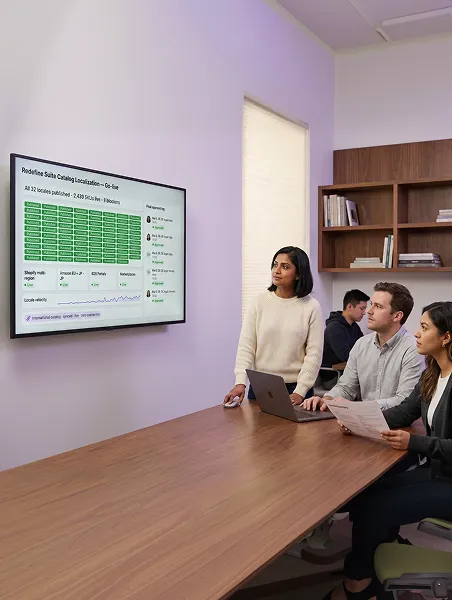 International ecommerce team at the wall display showing Catalog Localization go-live with all 32 locales published and zero blockers International ecommerce team at the wall display showing Catalog Localization go-live with all 32 locales published and zero blockers
