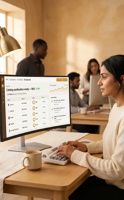 Commerce data team reviewing product syndication channel dashboard on large monitor Commerce data team reviewing product syndication channel dashboard on large monitor