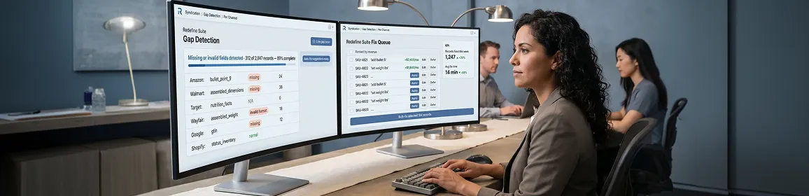 Product data manager comparing manual spreadsheet workflow against automated channel syndication dashboard Product data manager comparing manual spreadsheet workflow against automated channel syndication dashboard