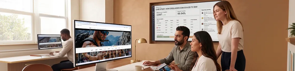 Online eyewear retailer operations team reviewing multi-channel order management and inventory sync dashboard Online eyewear retailer operations team reviewing multi-channel order management and inventory sync dashboard