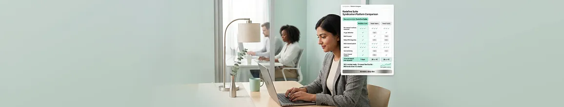Ecommerce product manager comparing channel syndication platform features side by side on laptop Ecommerce product manager comparing channel syndication platform features side by side on laptop