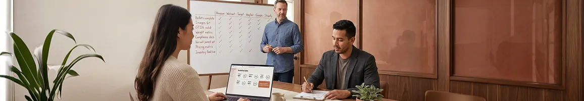 Small ecommerce brand team reviewing channel syndication readiness checklist in collaborative planning session Small ecommerce brand team reviewing channel syndication readiness checklist in collaborative planning session