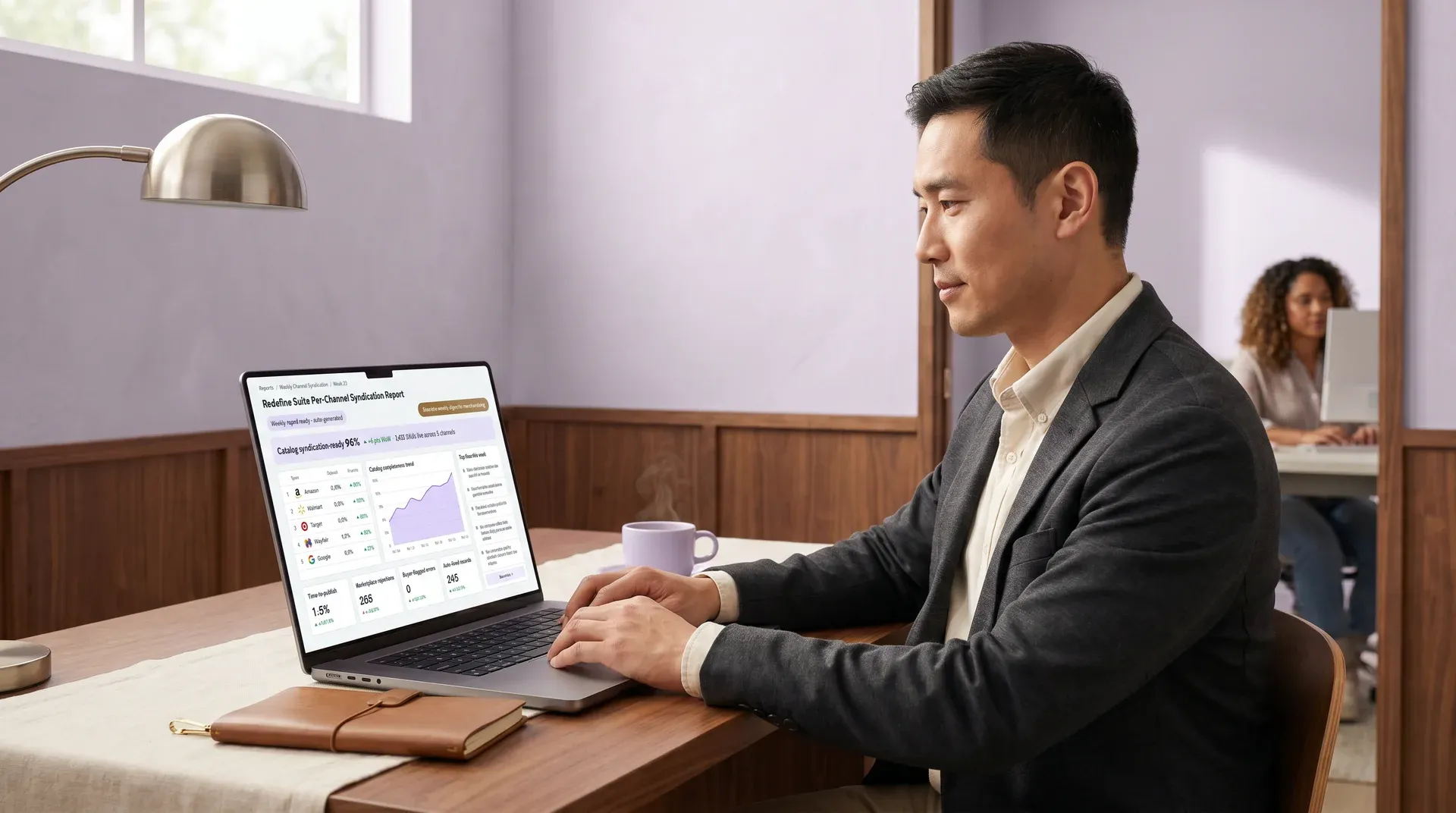 Commerce operations manager reviewing channel syndication report on laptop in a clean minimal office environment Commerce operations manager reviewing channel syndication report on laptop in a clean minimal office environment