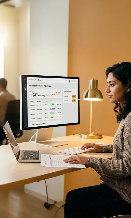 Warehouse operations manager reviewing a unified order management dashboard across channels Warehouse operations manager reviewing a unified order management dashboard across channels