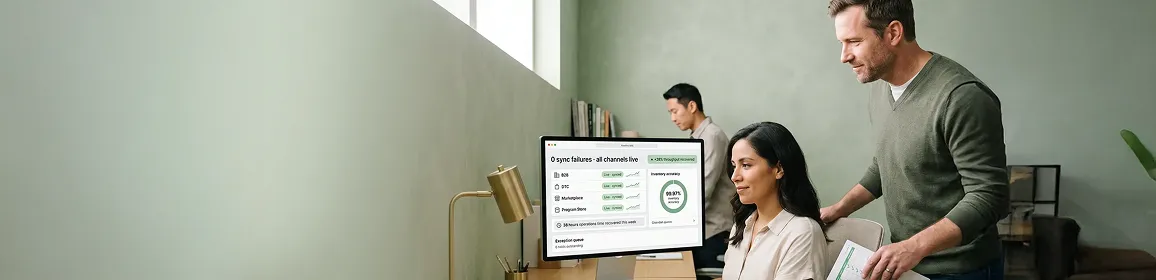 Fulfillment operations team collaborating on unified order management dashboard showing all channels live and zero sync failures Fulfillment operations team collaborating on unified order management dashboard showing all channels live and zero sync failures
