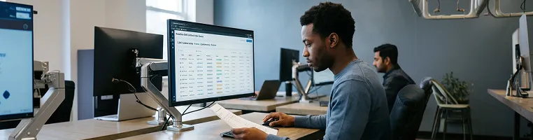Operations analyst reviewing centralized order queue with orders from all channels visible on screen Operations analyst reviewing centralized order queue with orders from all channels visible on screen