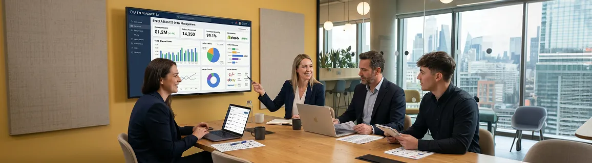 Eyeglasses123 fulfillment operations team managing multi-channel order flow after implementing centralized order management system Eyeglasses123 fulfillment operations team managing multi-channel order flow after implementing centralized order management system