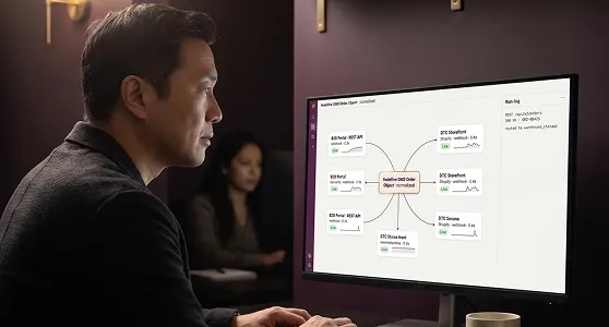 Integration architect at workstation reviewing application programming interface and Electronic Data Interchange hub-and-spoke architecture for order management system Integration architect at workstation reviewing application programming interface and Electronic Data Interchange hub-and-spoke architecture for order management system