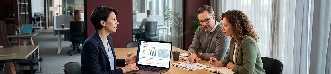 Commerce operations team reviewing order management dashboards collaboratively in a productive workspace Commerce operations team reviewing order management dashboards collaboratively in a productive workspace