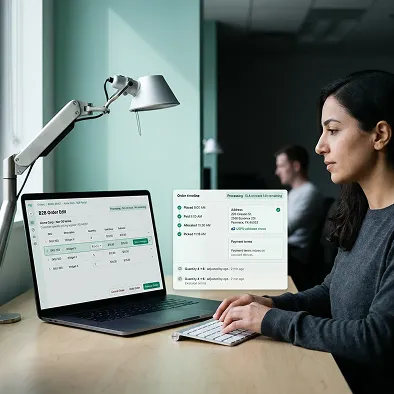 Operations team member editing a business-to-business order in Redefine unified order management interface Operations team member editing a business-to-business order in Redefine unified order management interface