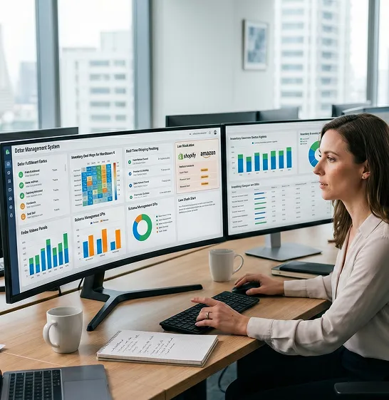 Commerce operations consultant reviewing inventory configuration plan and channel setup with a client Commerce operations consultant reviewing inventory configuration plan and channel setup with a client