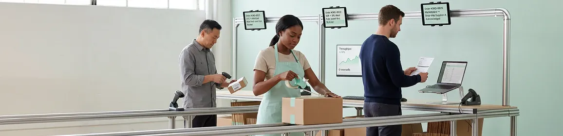 Warehouse fulfillment team processing multi-channel orders at pick stations, order routing in action Warehouse fulfillment team processing multi-channel orders at pick stations, order routing in action