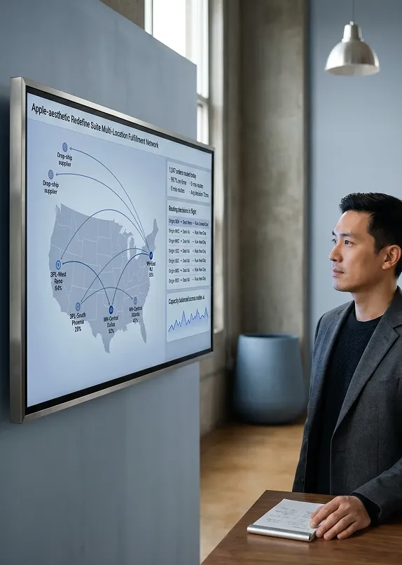 Operations manager reviewing multi-location fulfillment routing map on large display screen Operations manager reviewing multi-location fulfillment routing map on large display screen