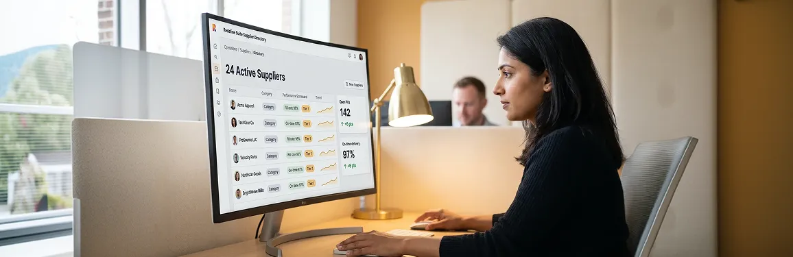 Operations manager reviewing live supplier portal and purchase order dashboard on a large monitor Operations manager reviewing live supplier portal and purchase order dashboard on a large monitor