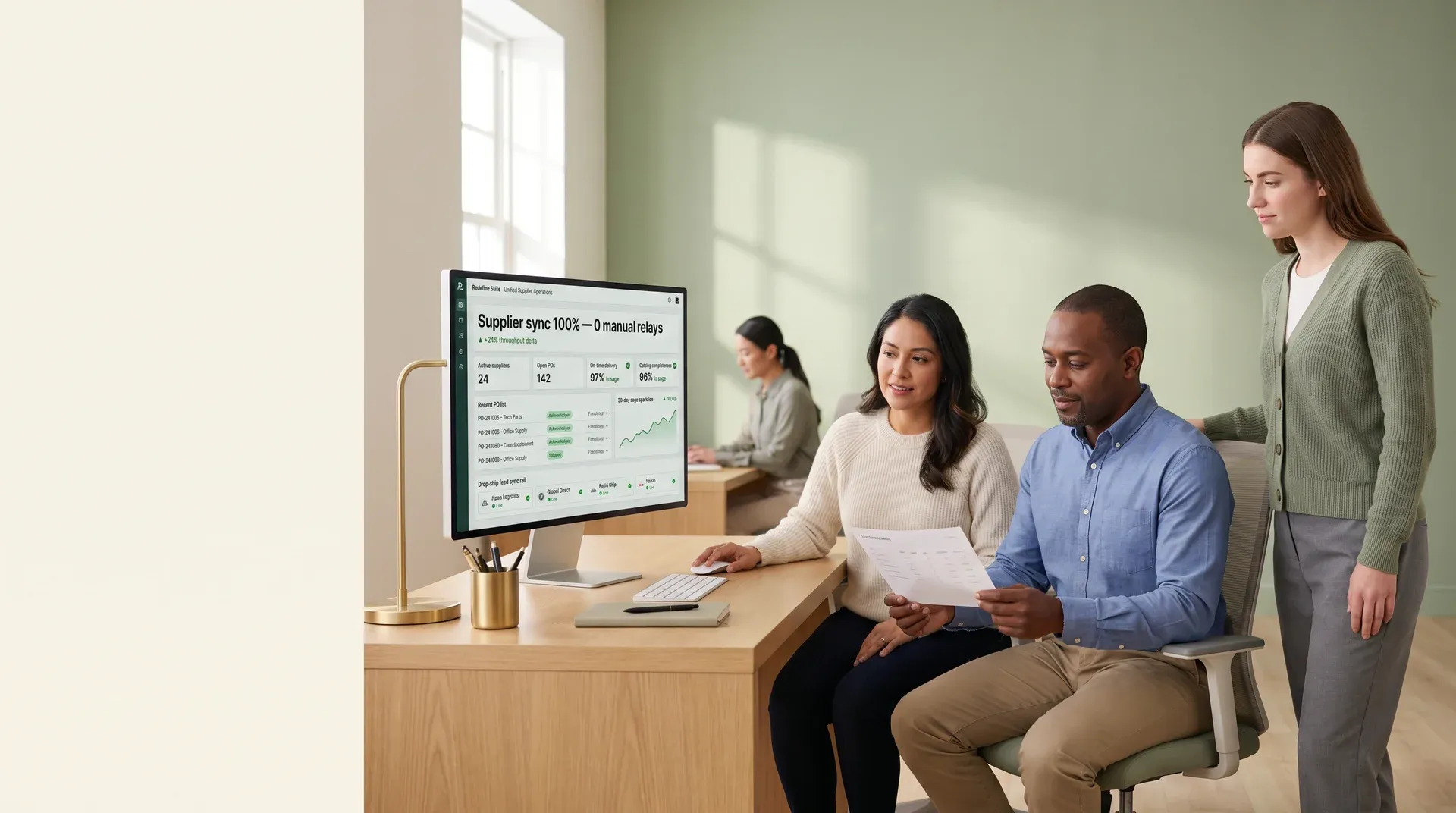 Calm supplier operations team collaboratively reviewing unified supplier directory and purchase order workflows on a shared monitor Calm supplier operations team collaboratively reviewing unified supplier directory and purchase order workflows on a shared monitor