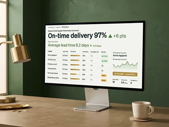 Supplier performance dashboard close-up showing lead time, fill rate, on-time delivery, and per-supplier scorecard metrics Supplier performance dashboard close-up showing lead time, fill rate, on-time delivery, and per-supplier scorecard metrics
