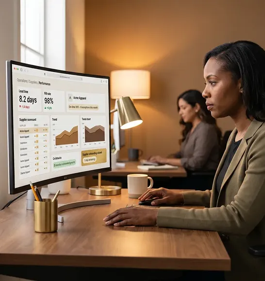 Operations leader reviewing supplier performance key performance indicator dashboard with lead time and fill rate metrics