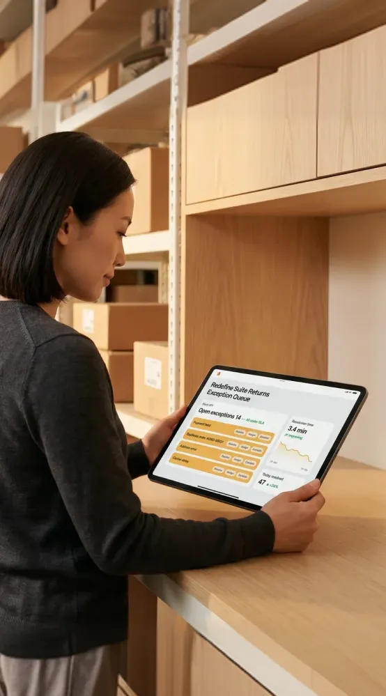 Warehouse operations manager reviewing returns exception queue on tablet screen in fulfillment center Warehouse operations manager reviewing returns exception queue on tablet screen in fulfillment center