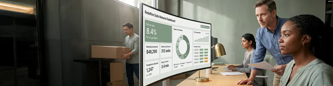 Operations team reviewing a returns and exception management dashboard on a large screen in a warehouse office Operations team reviewing a returns and exception management dashboard on a large screen in a warehouse office