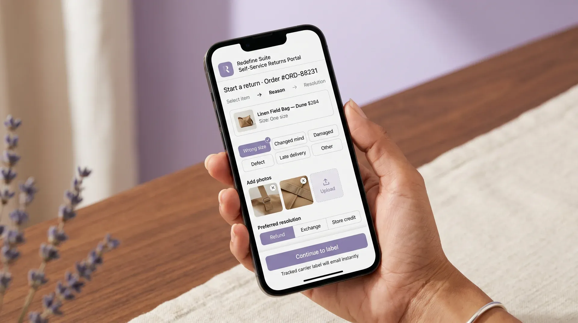 Customer self-service returns portal on mobile device showing return initiation flow Customer self-service returns portal on mobile device showing return initiation flow