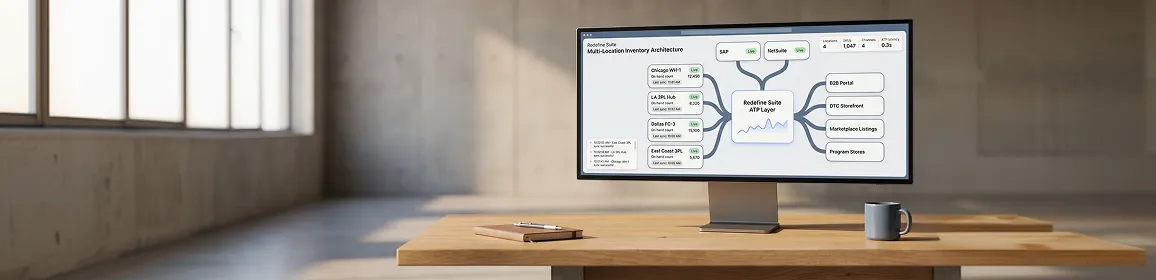 Multi-location inventory system architecture showing warehouse nodes connected to ERP and commerce channels Multi-location inventory system architecture showing warehouse nodes connected to ERP and commerce channels