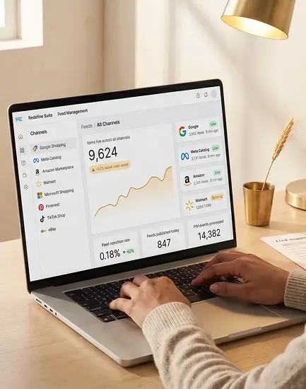 Merchant reviewing multi-channel product feed dashboard showing Google Shopping, Meta, and Amazon feed status Merchant reviewing multi-channel product feed dashboard showing Google Shopping, Meta, and Amazon feed status